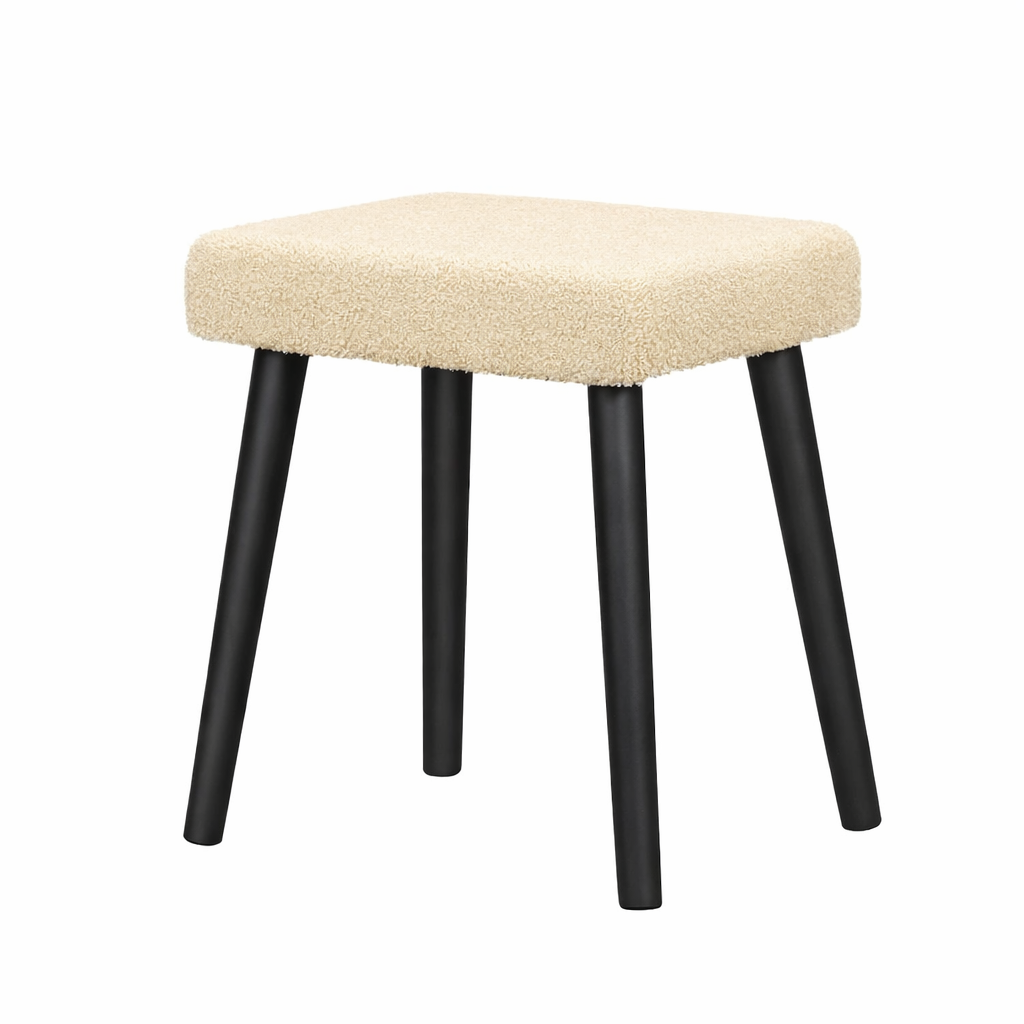 Tabouret en tissu teddy avec pieds noirs – siège confortable