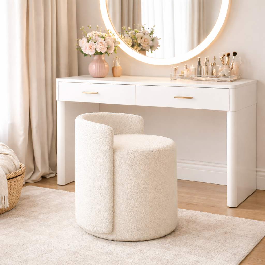 Tabouret blanc crème en tissu bouclé avec assise rembourrée – siège moderne et confortable